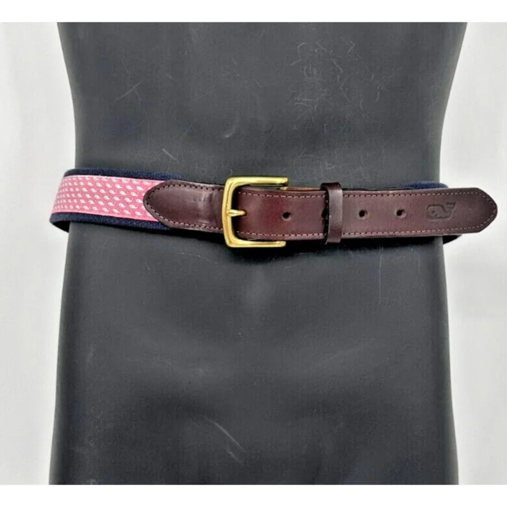 Vineyard Vines Men's Blue Woven Cotton Pink Canvas Whale Logo Golf Belt Size S/M